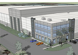 Architectural rendering of contemporary industrial building with glassed corner office space.